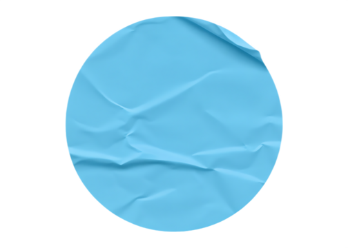 light blue circle sticker with crumpled edges isolated on white background, png, ai generated.