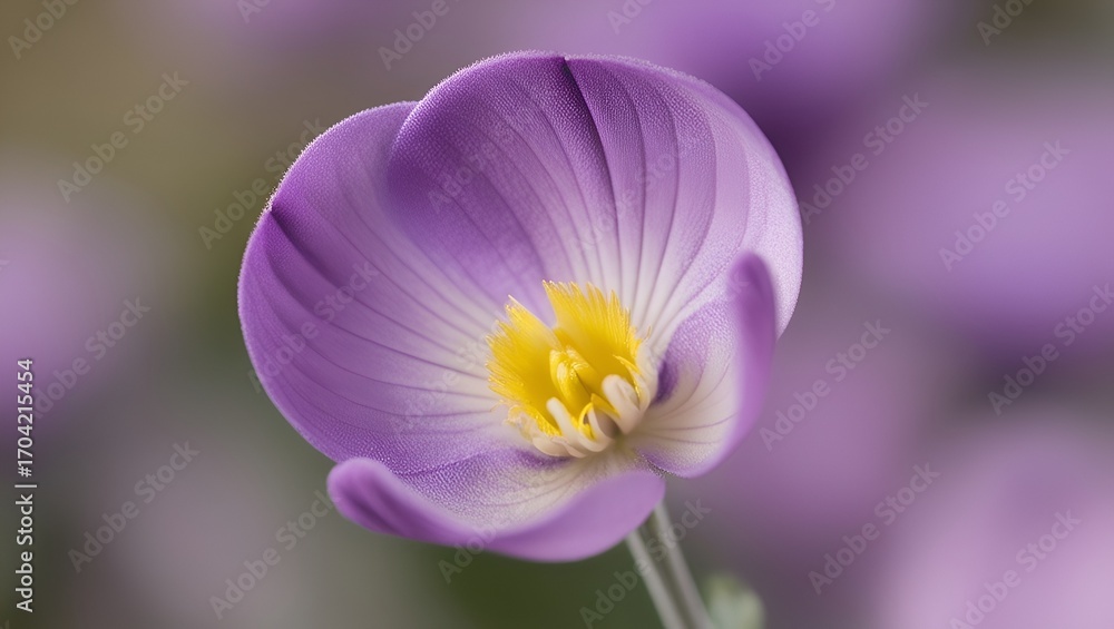 Poster elegant close-up composition of a single purple flower, isolated with blurred edges, creating a refi