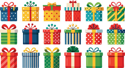 Colorful gift boxes set for christmas. Vector illustration present boxes on transparent background. Flat design style.