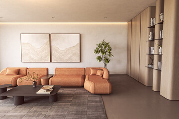 Earth-toned lounge with modern art and shelving