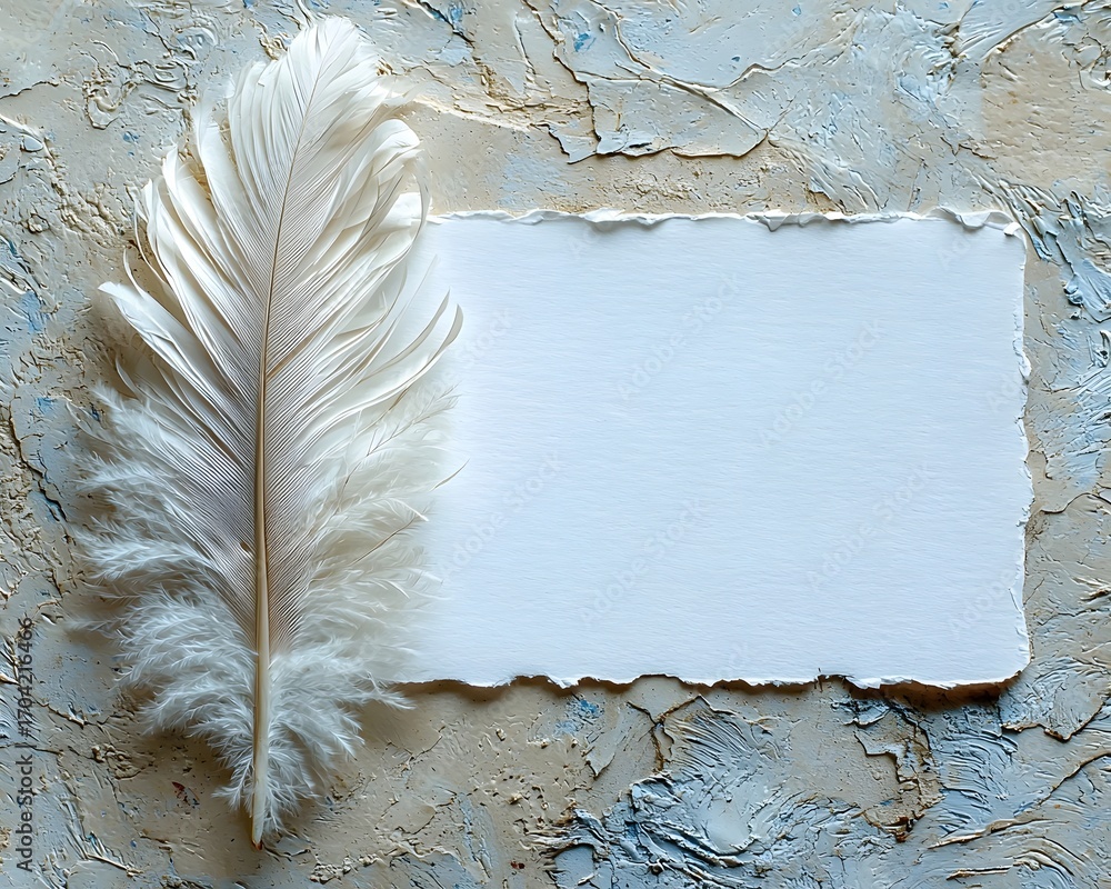 Poster delicate white feather and blank card with torn edges on textured background copy space