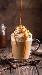 Caramel latte poured over whipped cream