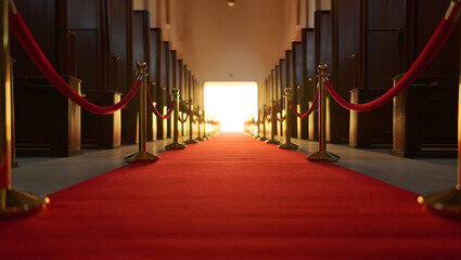 Elegant red carpet entrance corridor with golden pillars leading to bright light destination