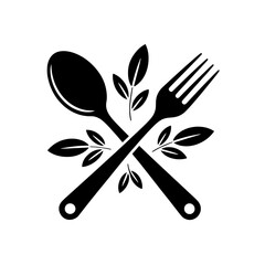 Crossed Spoon and Fork with Leaf Garnish: Monochrome Restaurant Icon