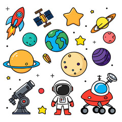 Whimsical cartoon collection of space icons: rocket, planets, astronaut, telescope, UFO, stars
