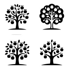 Four Stylized Apple Tree Icons: Solid & Outline Variations