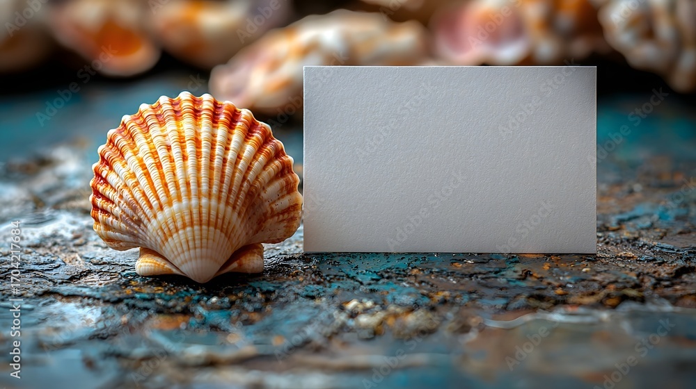 Poster a blank white card placed next to a colorful seashell on a textured surface