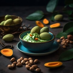 Green marzipan sweets with pistachio cream served in a blue bowl a delicious dessert for a special occasion