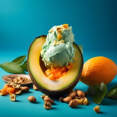 Fresh melon with pistachio ice cream topped with dried apricots and nuts a healthy dessert concept