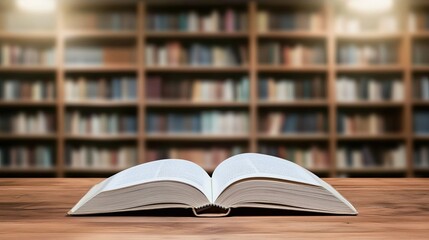 Fototapeta premium Open book and blurred library bookshelves