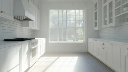 Obraz premium Bright white kitchen with yard view