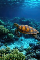 Obraz premium Diver encounters sea turtle at reef.