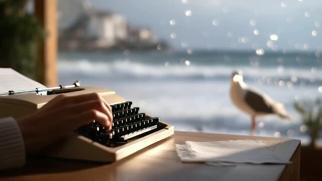 A retiree writes a novel in a seaside cottage with waves crashing a typewriter clacking and seagulls outside shown in a evocative photo with paper textures sea spray and lite