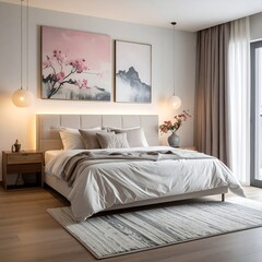 Beige bedroom with art