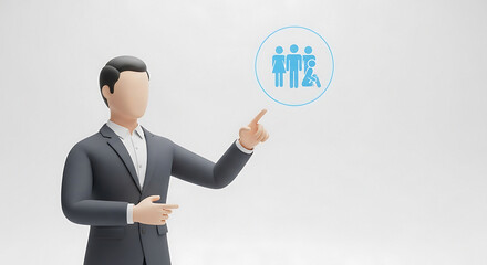 Businessman interacting with digital team icon representing human resources management and personnel selection business concepts