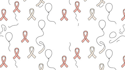 Seamless pattern featuring pink breast cancer awareness ribbons and balloons on a white background design