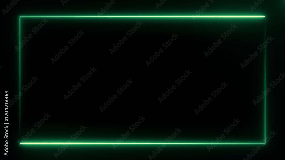 Poster bright green neon rectangle frame at the screen border formed by two moving lines on black backgroun