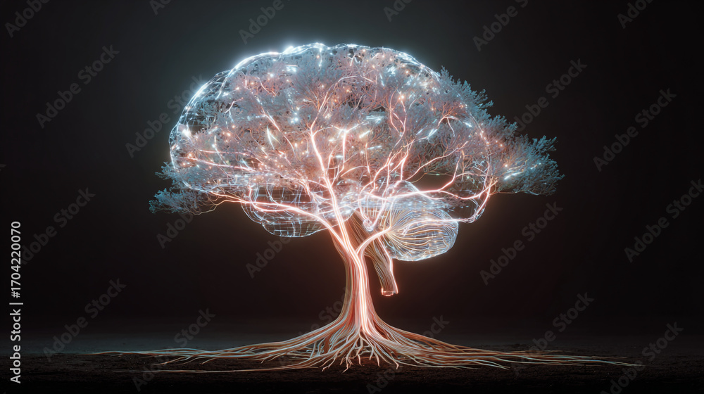 Poster a glowing tree with brain shaped leaves and root system against a dark background image