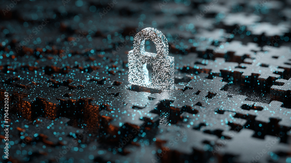 Poster glowing digital padlock on a dark puzzle piece surface with scattered sparkling light particles arou