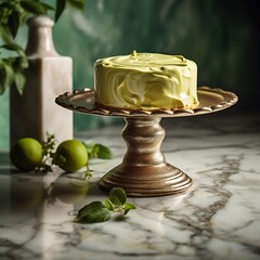 Elegant green cake on a pedestal displayed with limes and greenery perfect for dessert menus and culinary presentations
