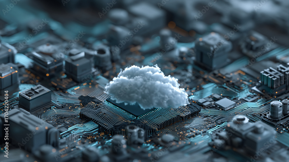Aufkleber a close up of a cloud resting on a computer chip surrounded by other electronic components and circu
