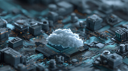 A close up of a cloud resting on a computer chip surrounded by other electronic components and circuit