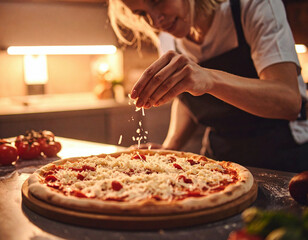 Chef preparing pizza by sprinkling cheese on dough with tomato sauce in a warm kitchen atmosphere.