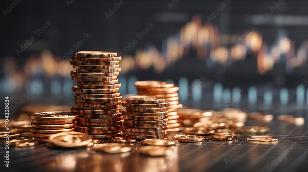 Poster stacks of gold coins arranged on a surface with a blurred financial chart in the background view