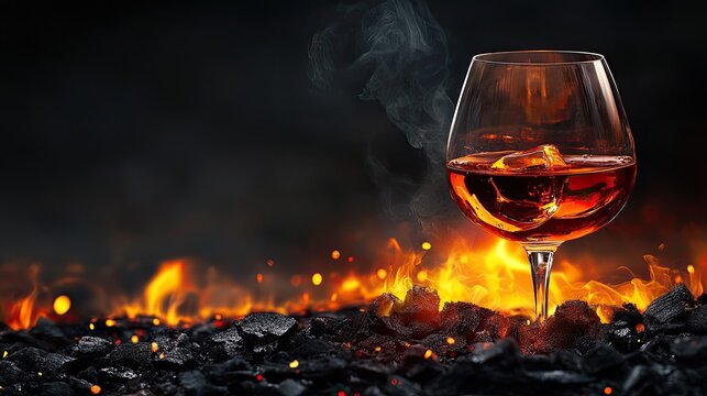 Glass of iced drink on fire and coal