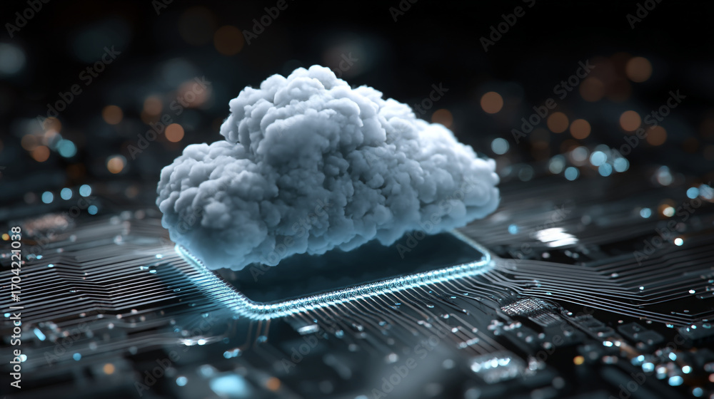 Aufkleber a cloud formation resting atop a glowing chip with a complex circuit board design underneath it all