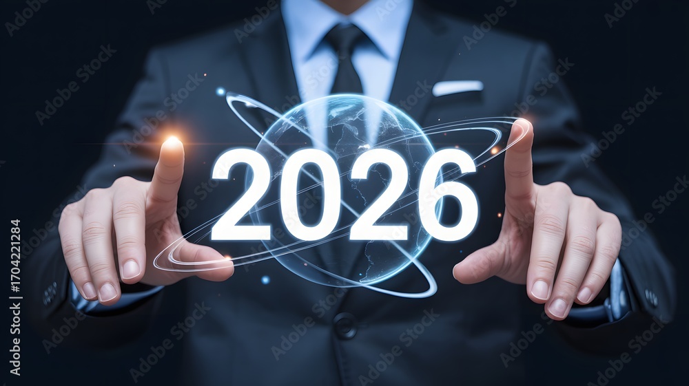 Poster visionary businessman touching glowing 2026 year projection with abstract global network overlay