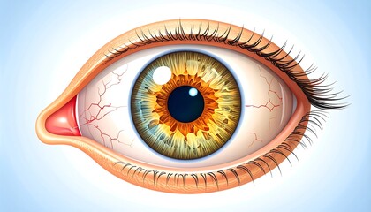 Detailed illustration of a human eye, showing iris, pupil, blood vessels, and eyelids