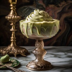 Elegant dessert presentation with pistachio mousse in a vintage glass decadent treat for fine dining set against a luxurious backdrop