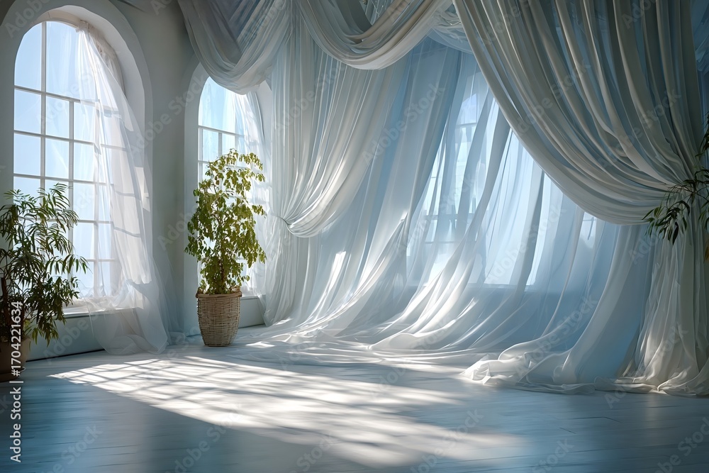 Poster sunlight streaming through large arched windows illuminates white transparent curtains billowing in 