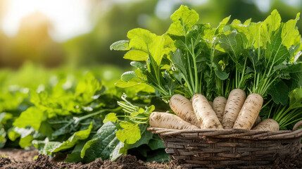 Fresh radishes in woven basket surrounded by green leaves in garden setting, showcasing vibrant colors and natural beauty