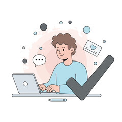 Man working on laptop with check mark isolated on white background