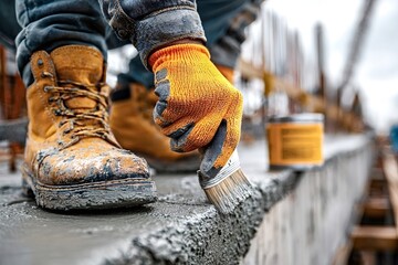 Construction worker wearing protective gloves and boots applying a waterproofing membrane with a brush on a concrete surface during building construction