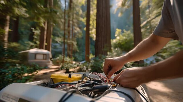 A traveler repairs an RV generator at a campground with tools clanking wires reconnecting a manual open and a forest in the background presented in a technical photo with tool