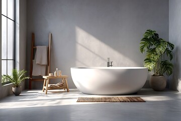 Sunlight streaming through a window in a modern minimalist bathroom highlights a freestanding oval bathtub, wooden stool, and potted plants on a concrete floor