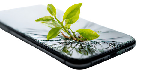 Plant growing through a cracked phone screen.