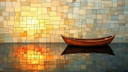 A serene wooden boat floats on tranquil water, reflecting a mosaic stone wall and warm sunset hues. Stained glass.