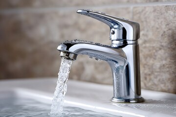 Pouring fresh, clean water from a sleek chrome faucet into a pristine white sink, creating an atmosphere of hygiene and refreshment in a modern bathroom setting