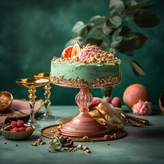 Elegant pistachio cake with pink frosting and fruit garnish displayed on a pink pedestal perfect for dessert presentations and culinary themes
