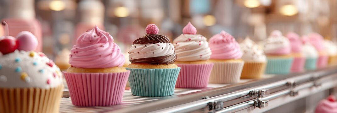 Colorful assortment of delicious cupcakes displayed in a bakery during daytime
