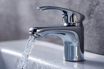 Fresh, clean water flowing from a modern chrome faucet into a pristine white sink creates an atmosphere of hygiene and abundance, highlighting essential resources in domestic spaces