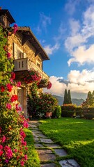 Rustic home with vibrant flowers
