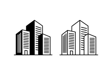 Obraz premium Two stylized building icons: one solid black, one outlined, depicting a cluster of three skyscrapers each, arranged horizontally on a white background.