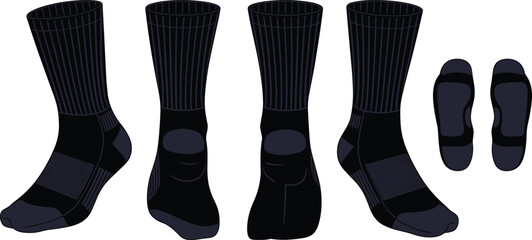 Black crew socks front side back view, ribbed cuff design, no show socks top bottom view, athletic casual footwear collection