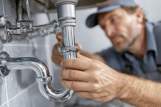 Professional plumber tightening sink pipe connections, ensuring efficient drainage and preventing leaks within the bathroom plumbing system during essential maintenance and repair work