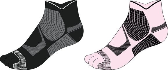 Low cut athletic socks front view, black pink mesh design, reinforced heel toe, breathable arch support, sport fashion footwear illustration